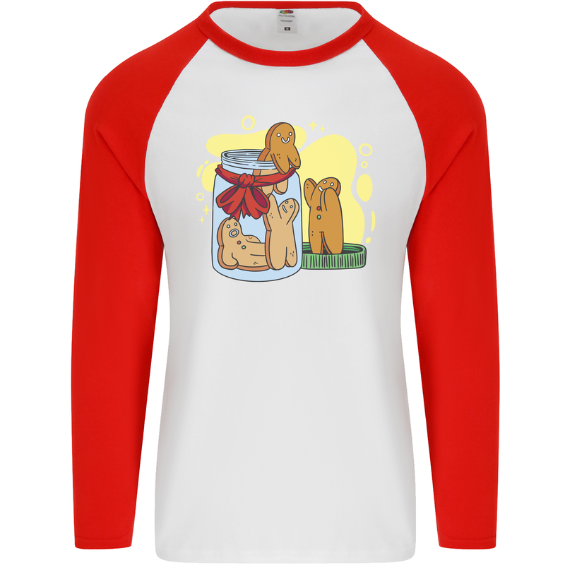 Gingerbread Man Escape Funny Food Mens L/S Baseball T-Shirt White/Red