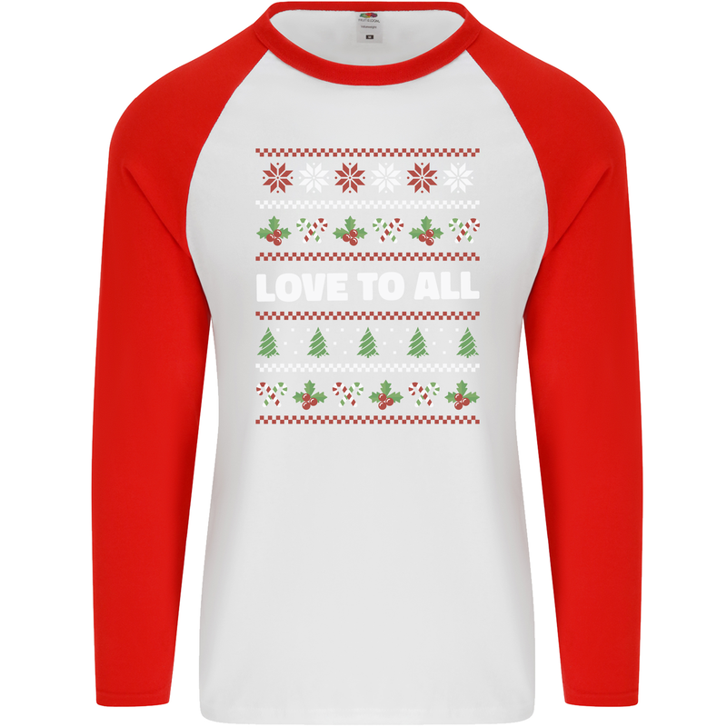 Christmas Love to All Xmas Peace Hippy Mens L/S Baseball T-Shirt White/Red