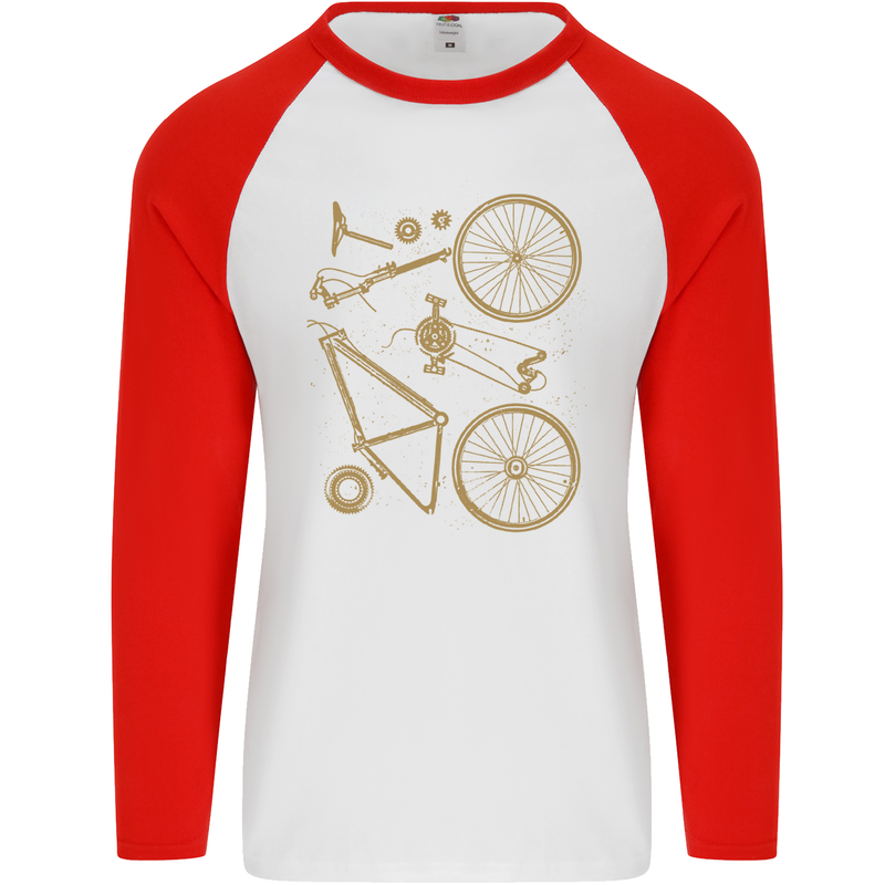 Bicycle Parts Cycling Cyclist Bike Funny Mens L/S Baseball T-Shirt White/Red