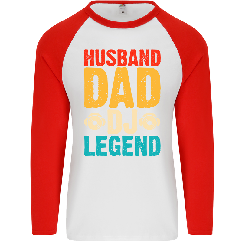 Husband Dad DJ Legend Fathers Day Mens L/S Baseball T-Shirt White/Red