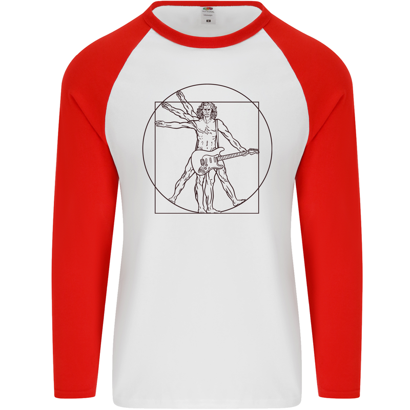 Guitar Vitruvian Man Guitarist Mens L/S Baseball T-Shirt White/Red