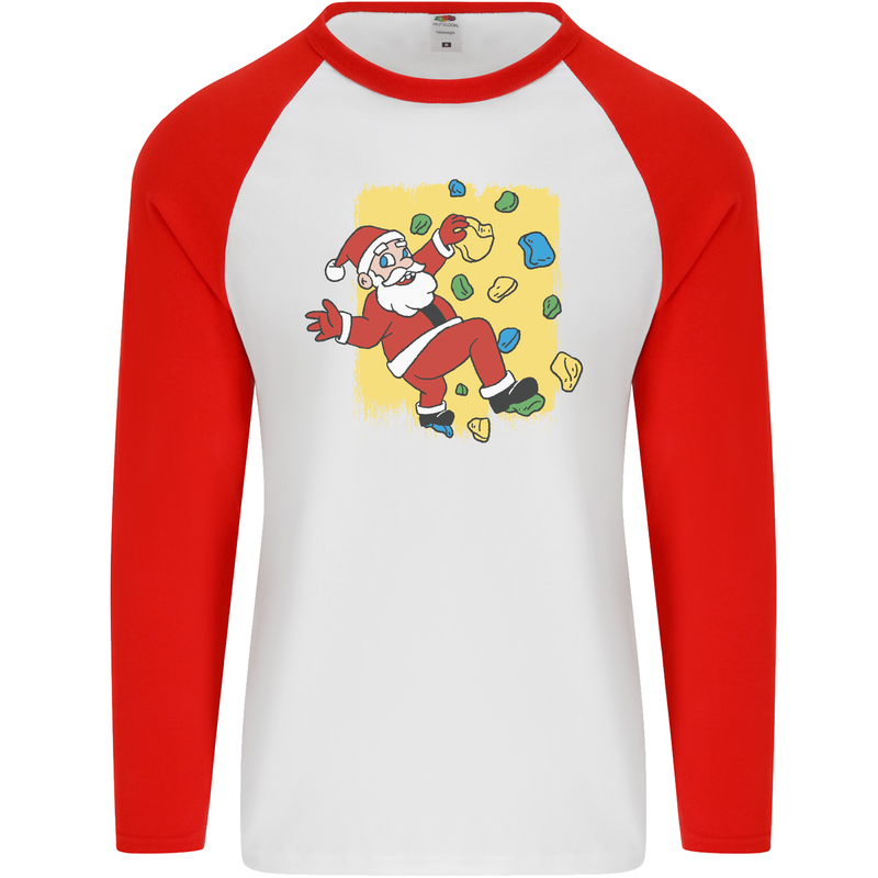 Rock Climbing Santa Funny Christmas Climber Mens L/S Baseball T-Shirt White/Red