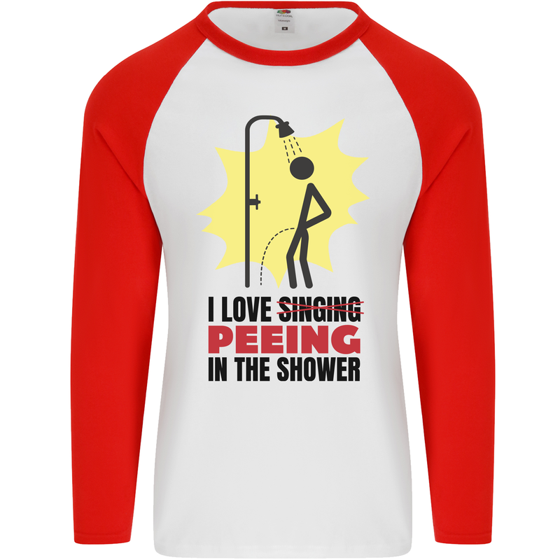 I Love Peeing in the Shower Funny Rude Mens L/S Baseball T-Shirt White/Red