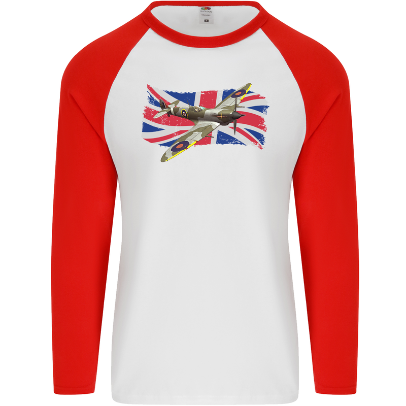 Supermarine Spitfire with the Union Jack Mens L/S Baseball T-Shirt White/Red