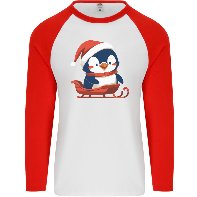 Cute Christmas Penguin & Sledge Funny Xmas Mens L/S Baseball T-Shirt White/Red