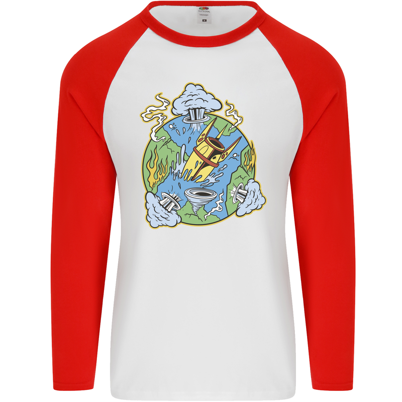 Climate Change Earth Destruction Nuclear War Mens L/S Baseball T-Shirt White/Red