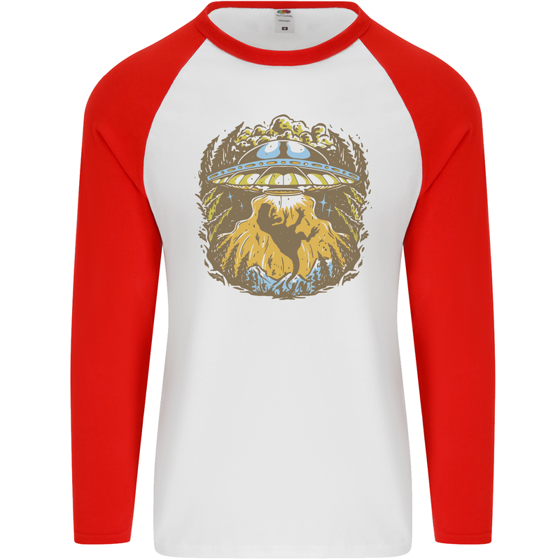 Dinosaur Abduction Aliens UFO T-Rex Mens L/S Baseball T-Shirt White/Red