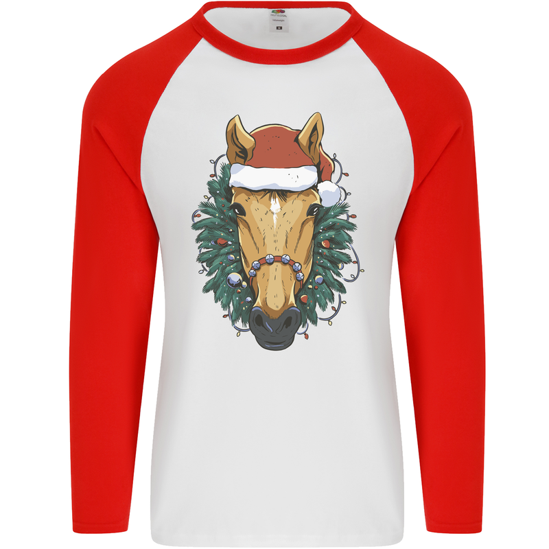 A Christmas Horse Equestrian Mens L/S Baseball T-Shirt White/Red