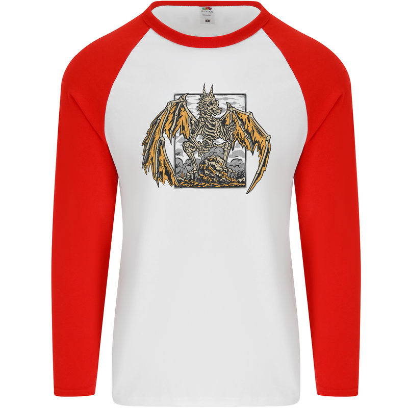 Devil Dragon Skeleton Fantasy Skull Demon Mens L/S Baseball T-Shirt White/Red