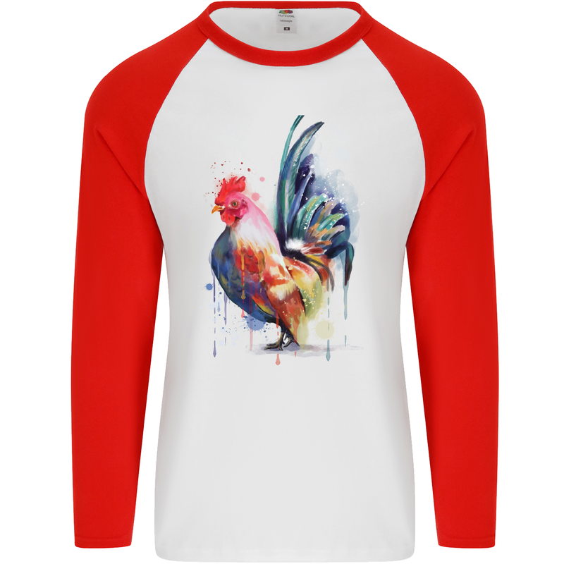 A Chicken Watercolour Mens L/S Baseball T-Shirt White/Red