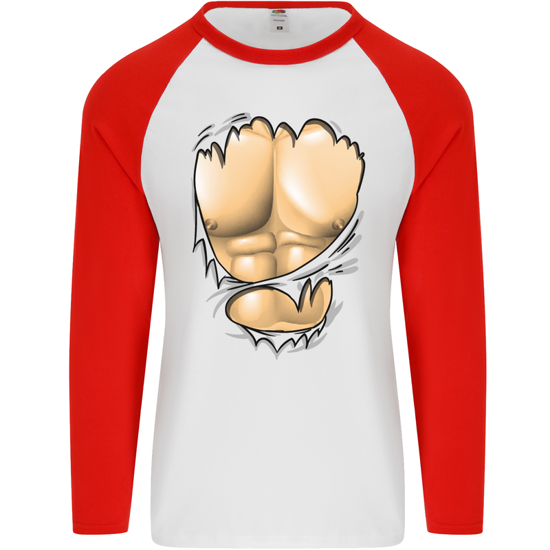 Gym Ripped Muscles Effect Mens L/S Baseball T-Shirt White/Red