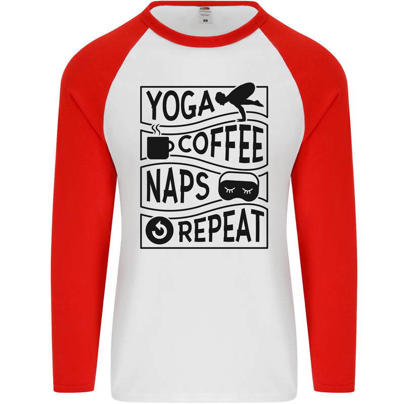 Funny Yoga Coffee Naps Repeat Mens L/S Baseball T-Shirt White/Red