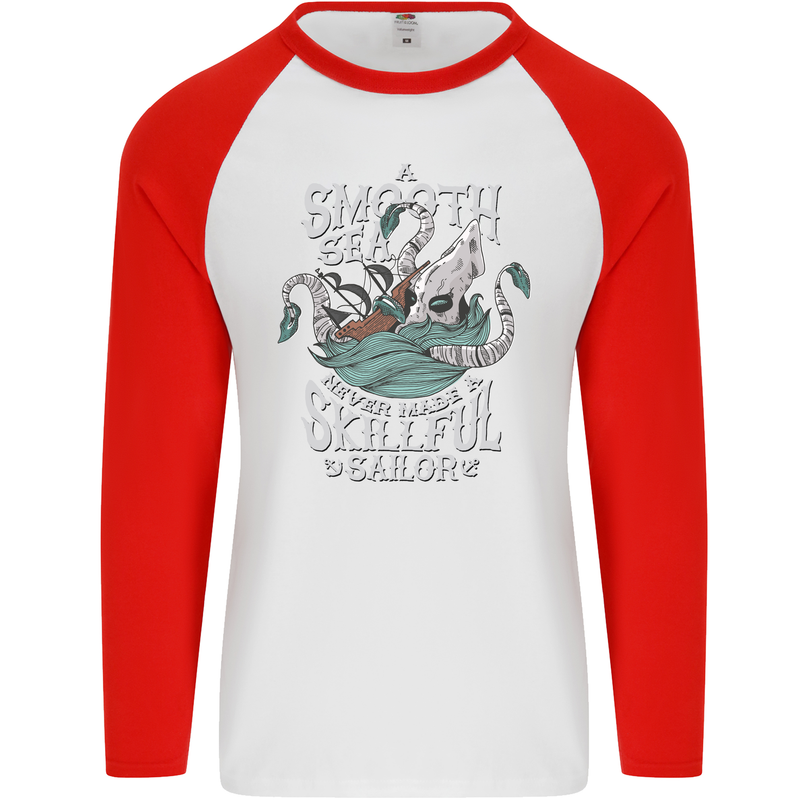 Skilful Sailor Kraken Sailing Cthulhu Mens L/S Baseball T-Shirt White/Red