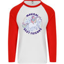 Magical Friends a Girl Riding a Unicorn Mens L/S Baseball T-Shirt White/Red