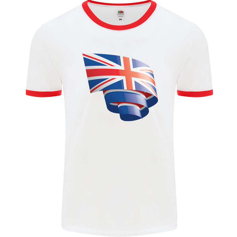 Curled British Flag Union Jack Britain Mens Ringer T-Shirt White/Red