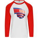 Curled North Korea Flag Korean Day Football Mens L/S Baseball T-Shirt White/Red