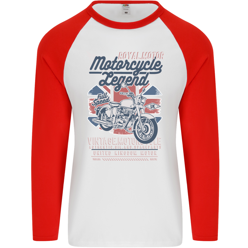 Motorcycle Legend Biker Union Jack British Mens L/S Baseball T-Shirt White/Red