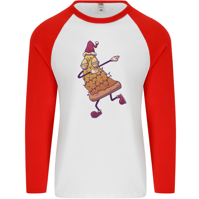 A Slice of Christmas Pizza Funny Xmas Mens L/S Baseball T-Shirt White/Red