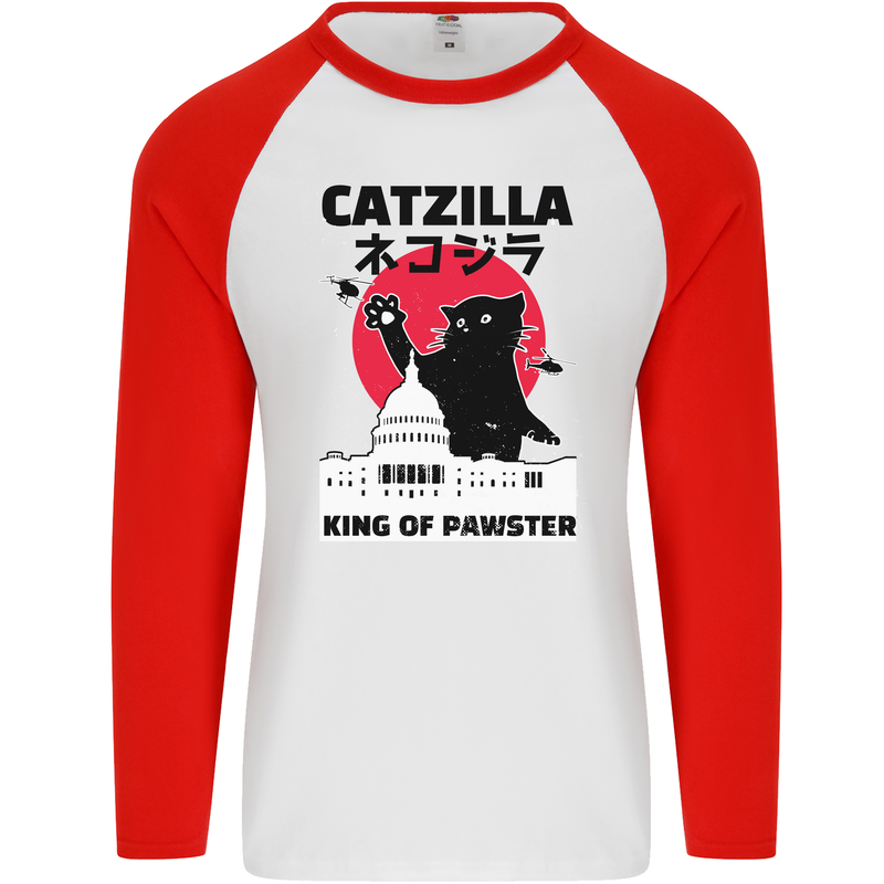 Catzilla Funny Cat Parody Mens L/S Baseball T-Shirt White/Red