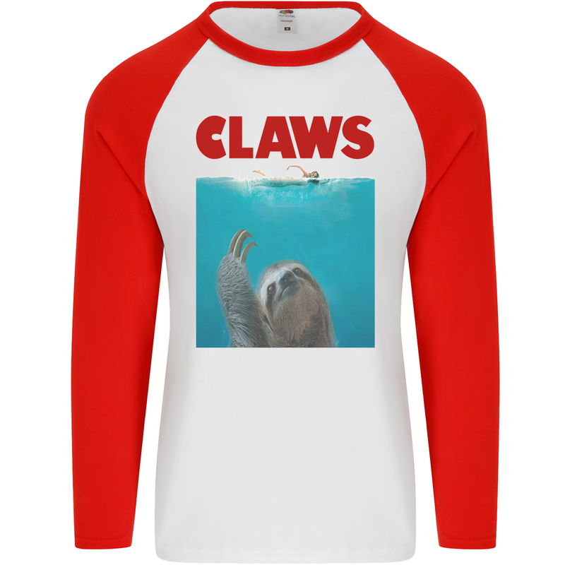 Claws Funny Sloth Parody Mens L/S Baseball T-Shirt White/Red