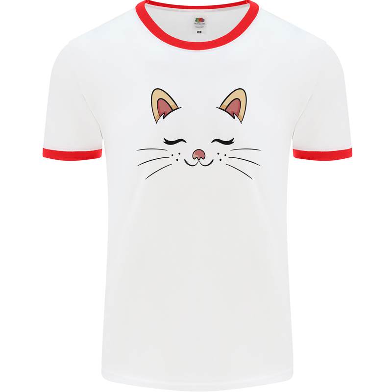 Cute Cat Face Mens Ringer T-Shirt White/Red