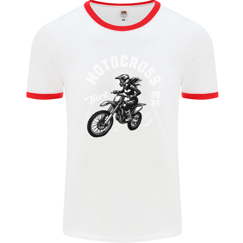 Motocross Girl Motocross MotoX Dirt Bike Female Mens Ringer T-Shirt White/Red