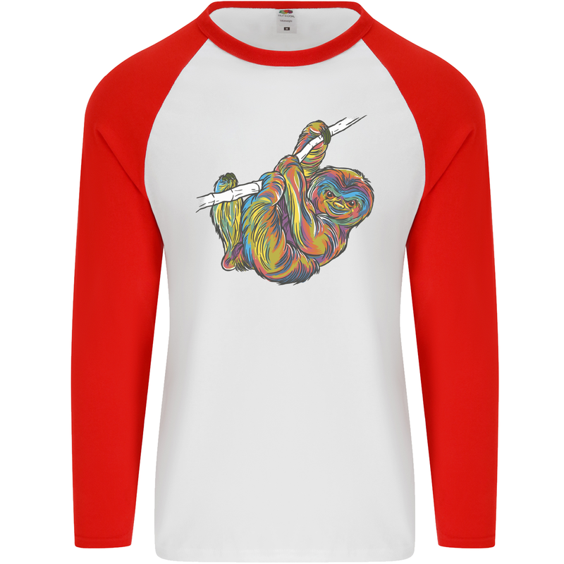 A Colourful Sloth on a Branch Mens L/S Baseball T-Shirt White/Red