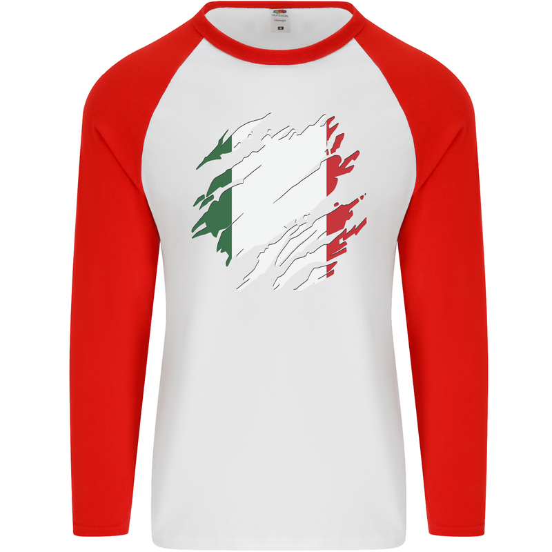 Torn Italy Flag Italians Day Football Mens L/S Baseball T-Shirt White/Red