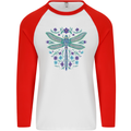 A Floral Dragonfly Mens L/S Baseball T-Shirt White/Red