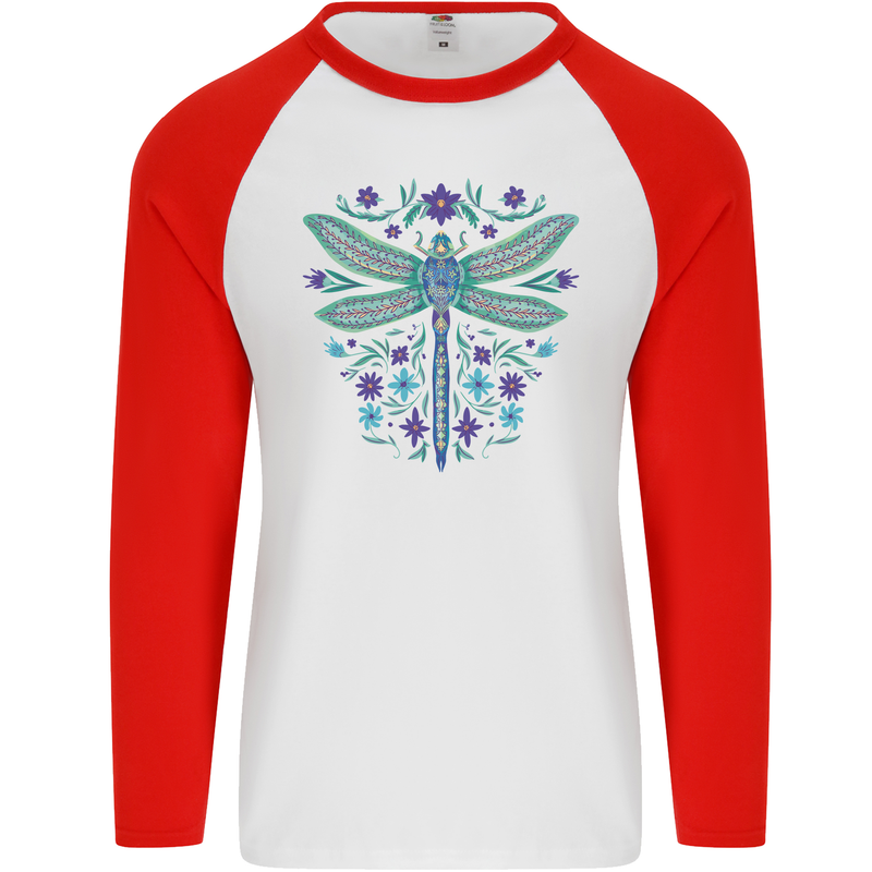 A Floral Dragonfly Mens L/S Baseball T-Shirt White/Red