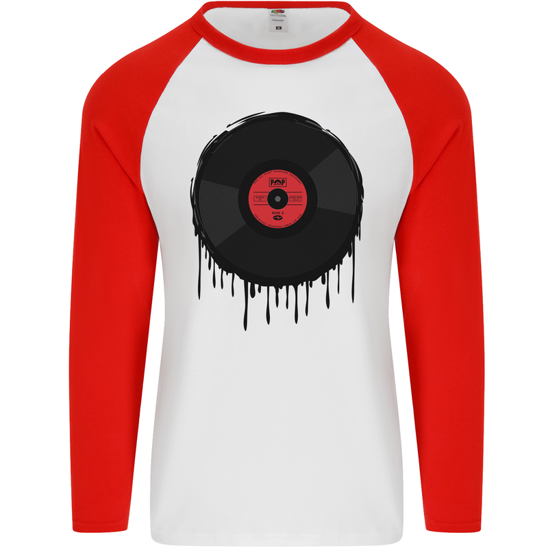 A Dripping Vinyl Record Turntable Decks DJ Mens L/S Baseball T-Shirt White/Red