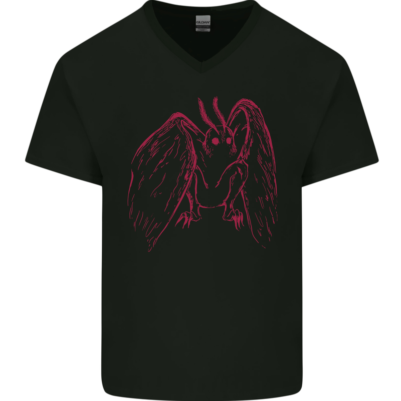 Red Mothman Mens V-Neck Cotton T-Shirt Black