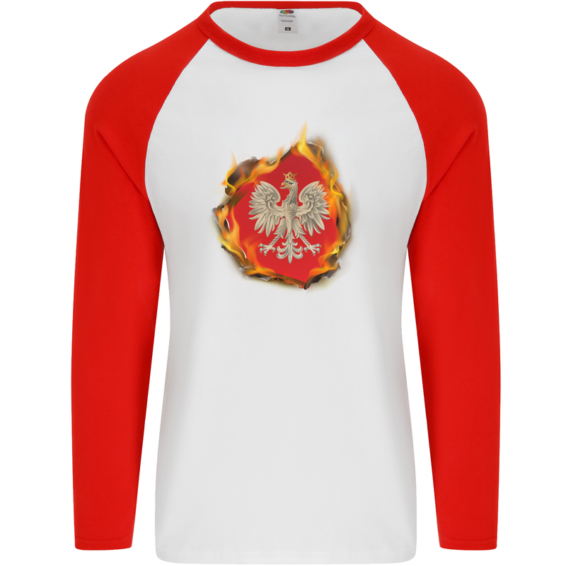 The of Polish Flag Fire Effect Poland Mens L/S Baseball T-Shirt White/Red