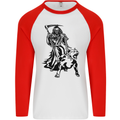 Pitbull Grim Reaper Dog Skull Satan Demon Mens L/S Baseball T-Shirt White/Red