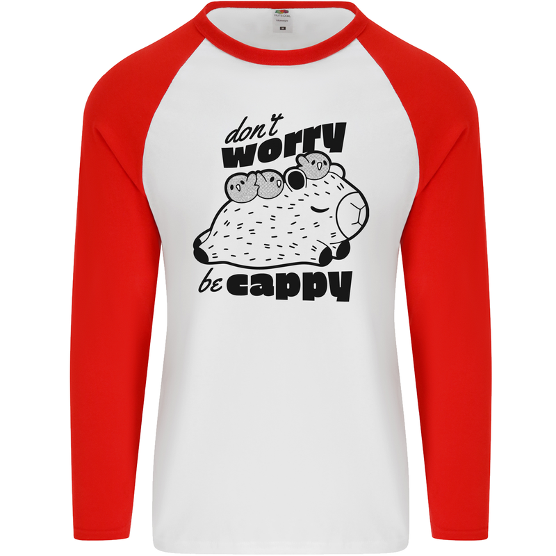 Cappybara Dont Worry Be Cappy Mens L/S Baseball T-Shirt White/Red