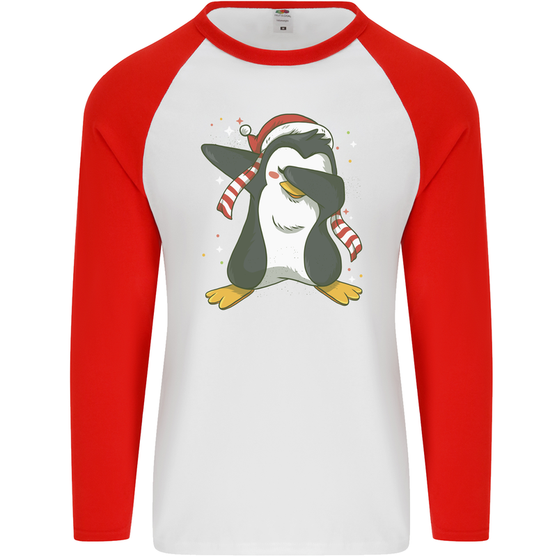 Christmas Dabbing Penguin Funny Xmas Mens L/S Baseball T-Shirt White/Red