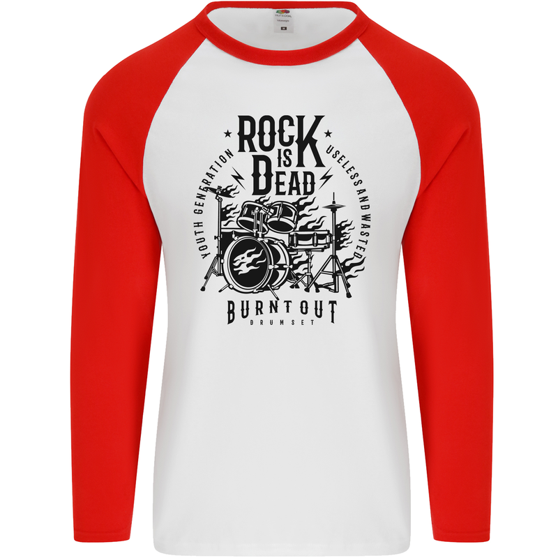 Rock is Dead Drum Kit Drummer Drumming Mens L/S Baseball T-Shirt White/Red