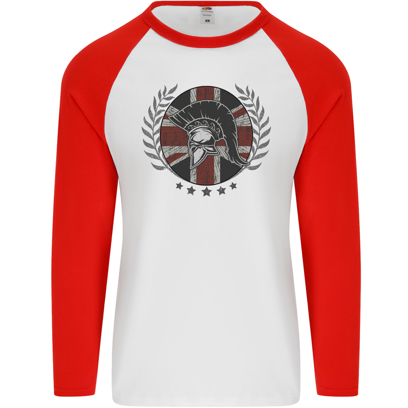 Union Jack Bodybuilding Gym Training Spartan Mens L/S Baseball T-Shirt White/Red