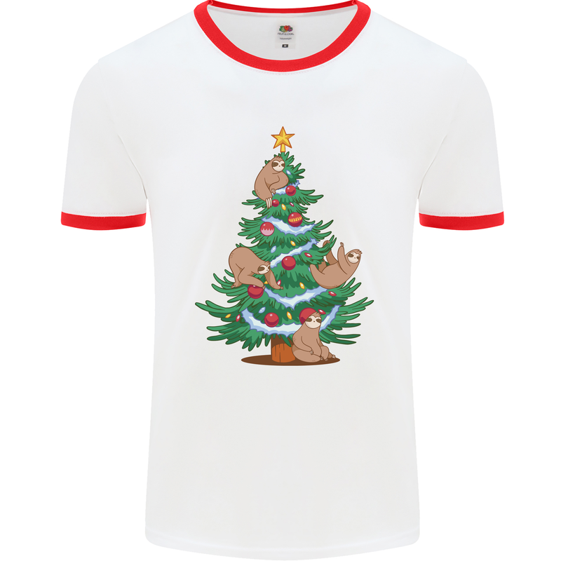 Sloth Christmas Tree Xmas Mens Ringer T-Shirt White/Red