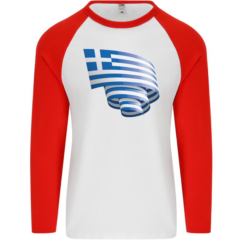 Curled Greece Flag Greek Day Football Mens L/S Baseball T-Shirt White/Red