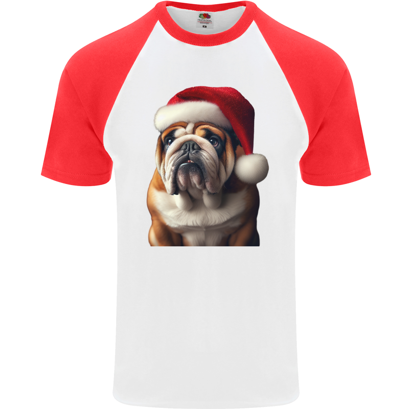 Christmas British Bulldog Union Jack Xmas Dog Mens S/S Baseball T-Shirt White/Red