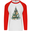 Cat Christmas Tree Mens L/S Baseball T-Shirt White/Red