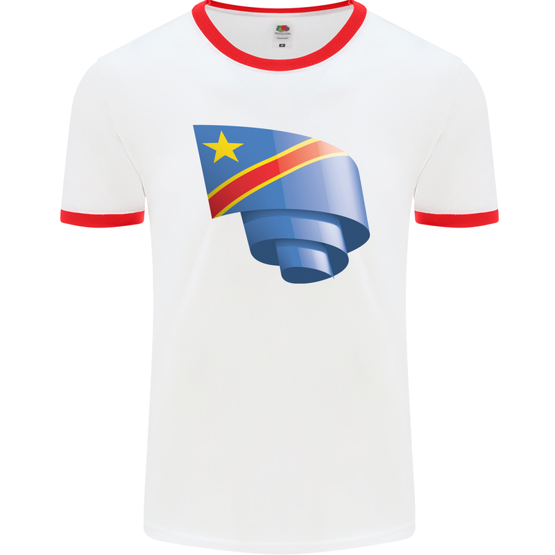 Curled DR Congo Flag Congolese Day Football Mens Ringer T-Shirt White/Red