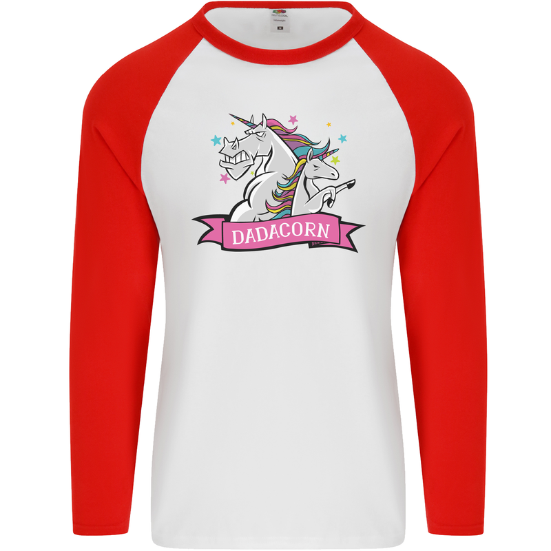 Dadicorn Funny Fathers Day Unicorn Mens L/S Baseball T-Shirt White/Red