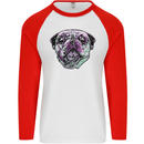 A Pug Face Dog Mens L/S Baseball T-Shirt White/Red