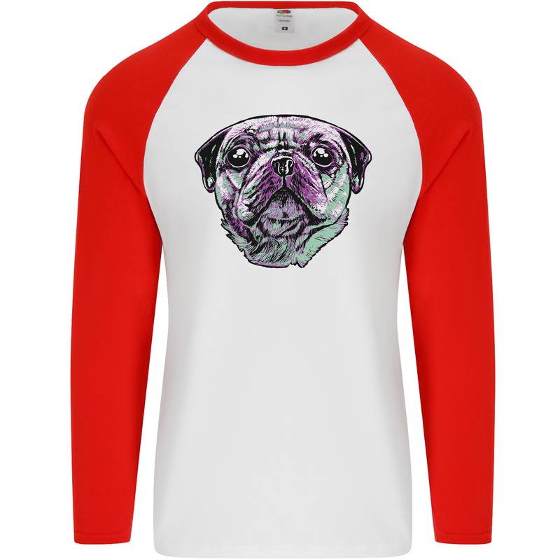 A Pug Face Dog Mens L/S Baseball T-Shirt White/Red