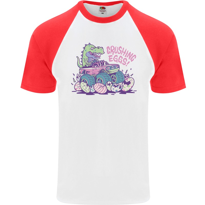 Crushing Eggs Easter T-Rex Dinosaur Monster Truck Mens S/S Baseball T-Shirt White/Red