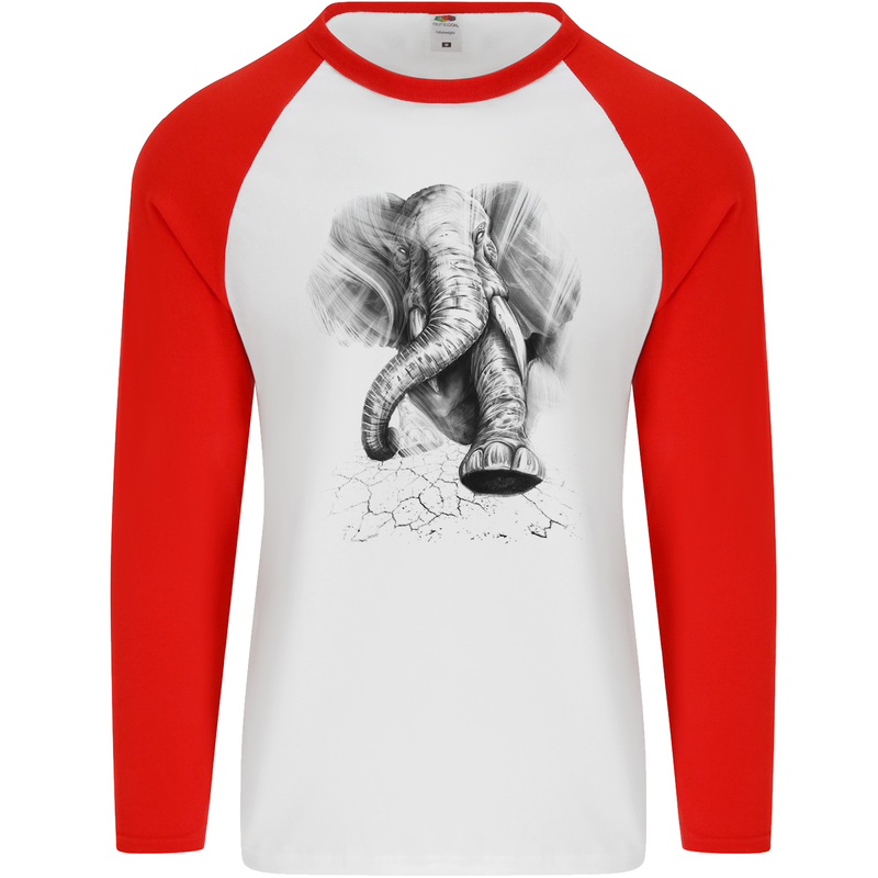 An Abstract Elephant Environment Mens L/S Baseball T-Shirt White/Red