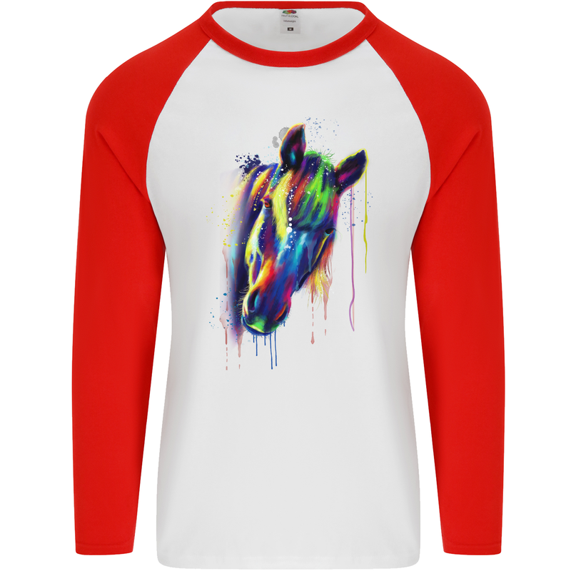 Watercolour Horse Mens L/S Baseball T-Shirt White/Red