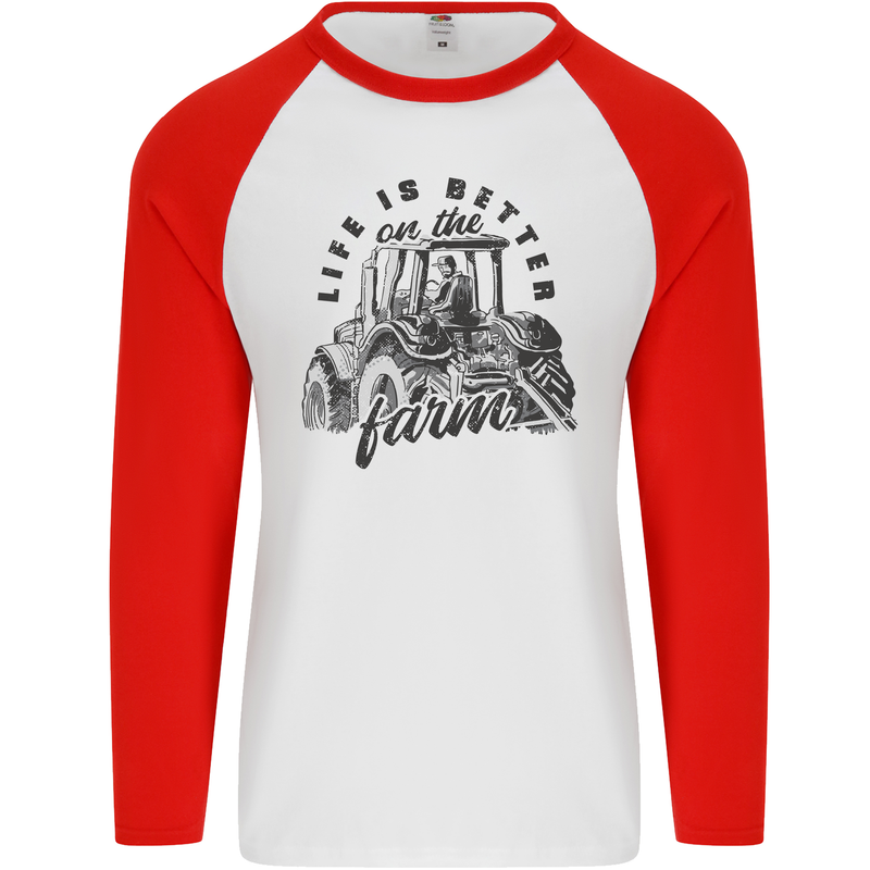 Tractor Life Is Better Farm Funny Farming Mens L/S Baseball T-Shirt White/Red